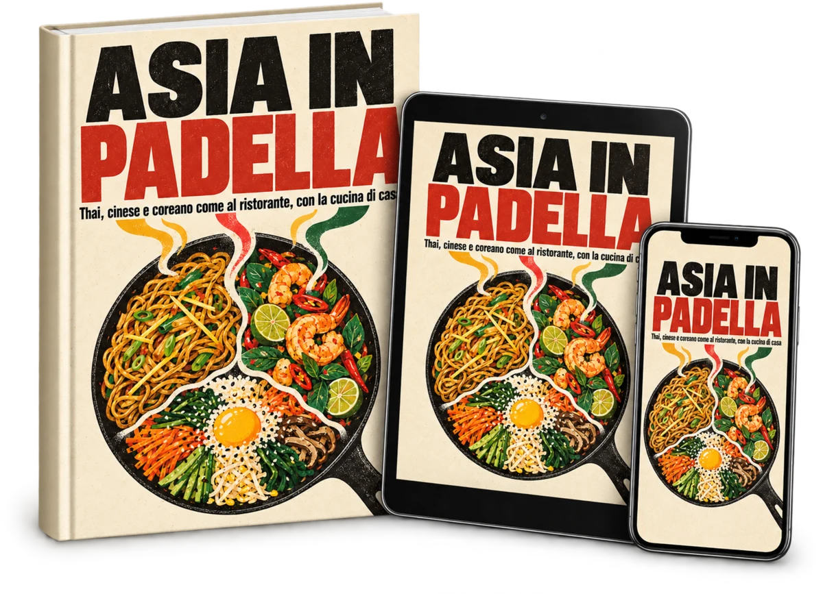 Il ricettario Asia in Padella su libro, tablet e telefono